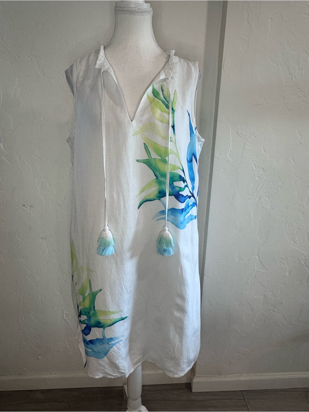 Tommy Bahama Island Cays Sea Fronds Linen Blend Shift Dress Tassel Tie Tropical